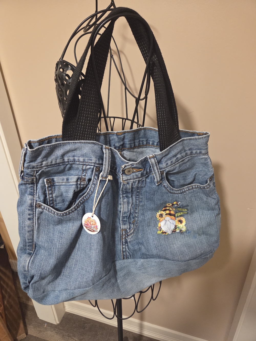 Denim Recycled Tote Bag with Floral Bee Patch - Blue